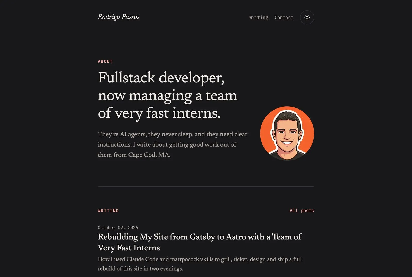The new Astro homepage in the Editorial design, with the interns one-liner and the sticker portrait