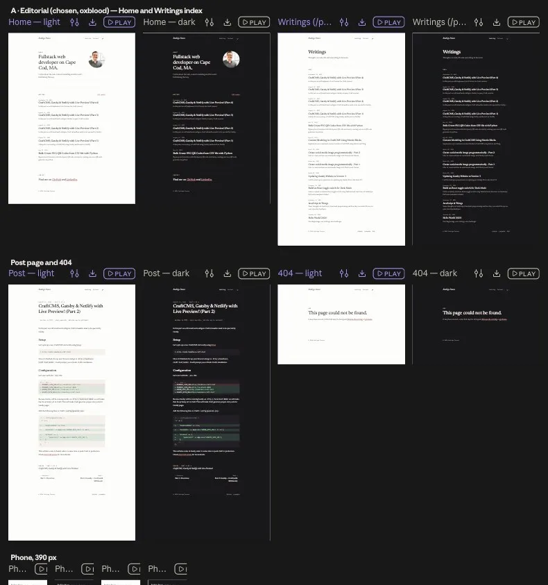 The Editorial direction on the design canvas: home, writings index, post and 404 pages in light and dark, plus phone frames