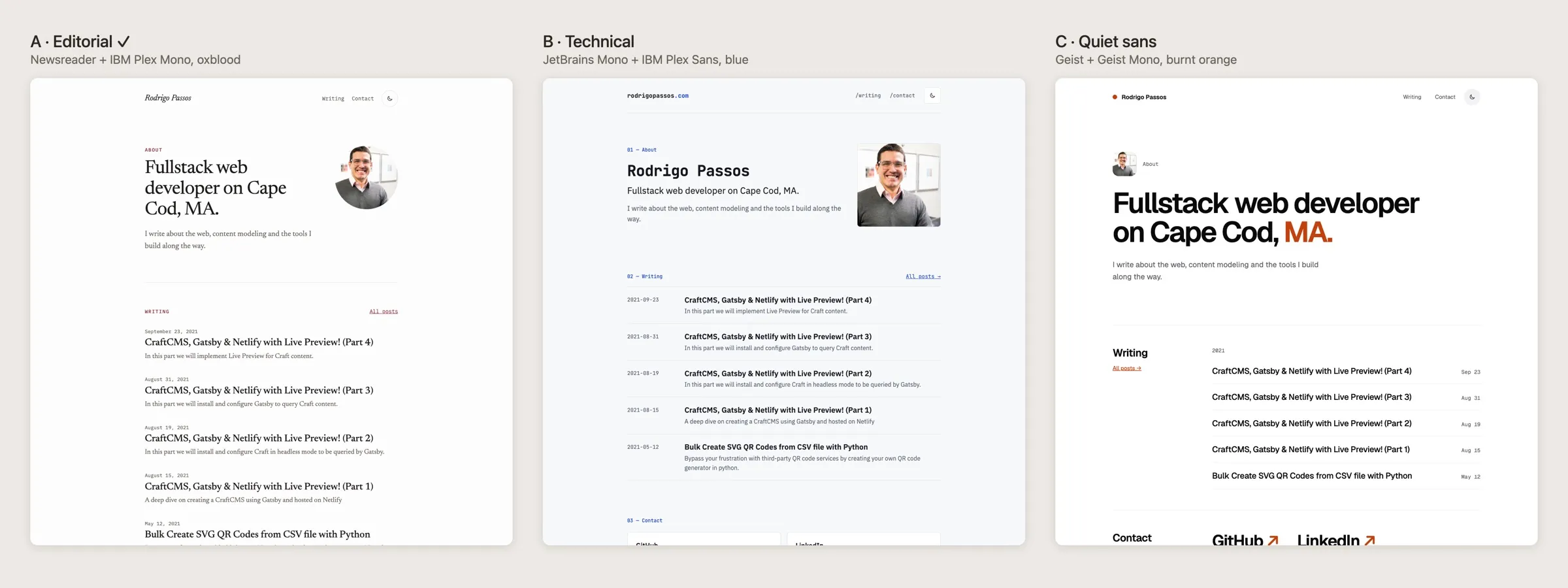 Three design directions: A Editorial, B Technical and C Quiet sans