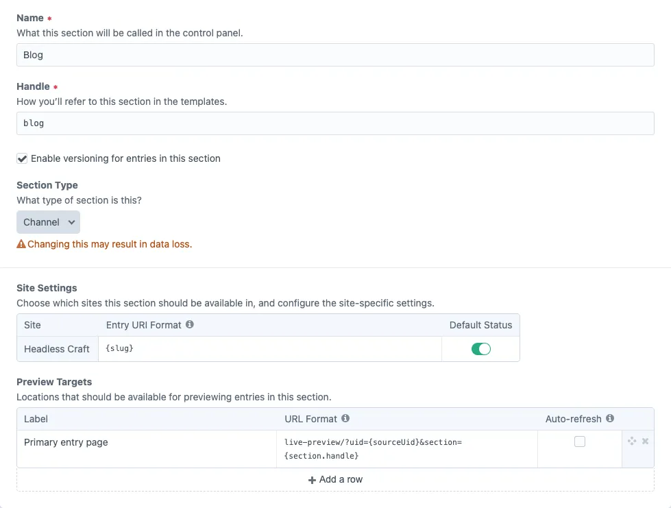 New Blog section channel in Craft